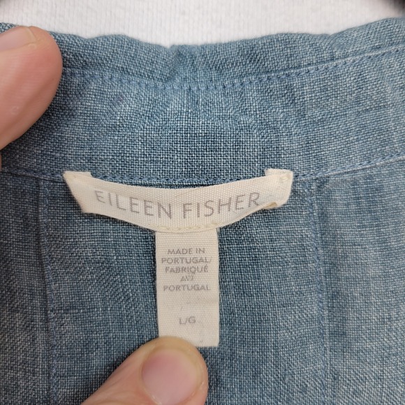 Eileen Fisher Shirt Womens Large Blue Organic Linen Short Sleeve Button Down - Picture 3 of 7